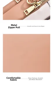 Detailed close-up of premium smooth gold zipper and lychee pattern faux leather on pink bag