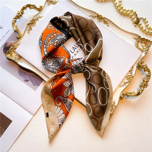 70cm Paisley and geometric silk-like square scarf on a vintage tray with pearls