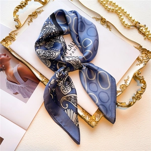 Elegant 70cm paisley silk scarf with blue geometric circles and floral patterns