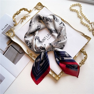 Elegant vintage carriage print silk scarf with multi-color geometric border for women