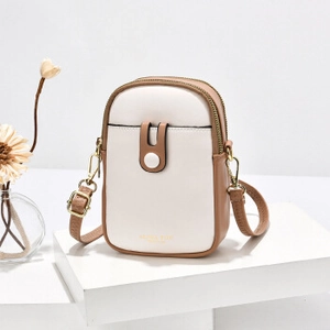 Mini vertical crossbody phone bag in cream and brown PU leather with gold zipper