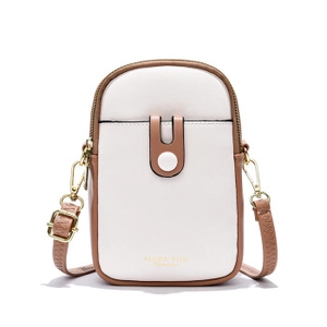 Minimalist cream and brown vertical crossbody phone bag with adjustable shoulder strap