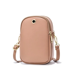 Minimalist nude pink crossbody phone bag with dual zippers and adjustable strap