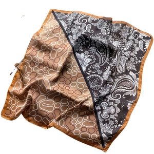 Vintage paisley and geometric patchwork silk scarf in brown, black, and beige tones