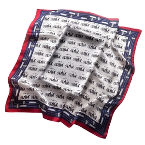 Luxurious square silk scarf with vintage carriage print in red, white and navy blue