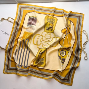 Elegant vintage equestrian pattern square silk scarf in yellow and cream white finish