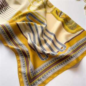 Elegant 90cm silk square scarf with vintage chain patterns and floral motifs in yellow