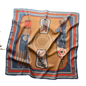 Classic silk square scarf featuring equestrian patterns and chain border on white background