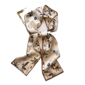 Elegant floral silk skinny scarf in beige with vintage print and satin finish