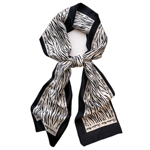 Zebra print silk skinny scarf for women with black and white animal pattern design