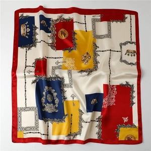 Baroque style silk scarf 90x90cm with crown and key patterns in vintage color-block design