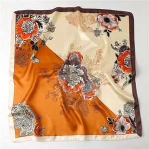 Floral silk satin square scarf with vintage orange peonies and beige diagonal pattern