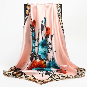 Silky pink floral scarf with leopard print border and elegant rose pattern 90cm
