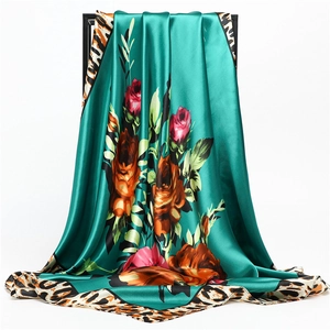 Emerald green silk scarf with red rose pattern and leopard print border, 90cm square wrap