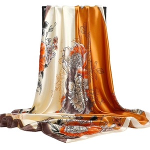 Satin silk floral scarf with vintage peony patterns and elegant hand-rolled edges