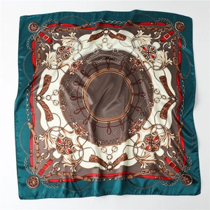 Detail of satin square scarf featuring vintage chain patterns and baroque floral prints