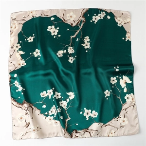 Elegant 90cm plum blossom silk scarf with dark green and cream contrast borders