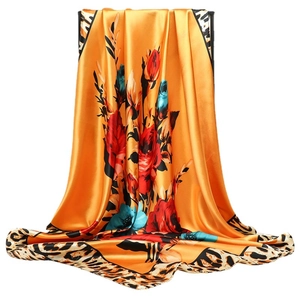 Luxury satin silk square scarf with leopard print border and floral rose pattern