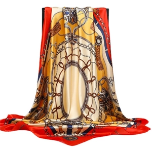 Luxurious satin square scarf with vintage chain patterns and vibrant orange borders