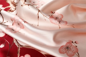 Macro shot of elegant plum blossom patterns on silk fabric with soft pearly luster
