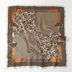 Elegant 90cm square silk scarf featuring vintage paisley and houndstooth patterns