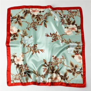 Floral silk square scarf with mint green gradient and red borders for women