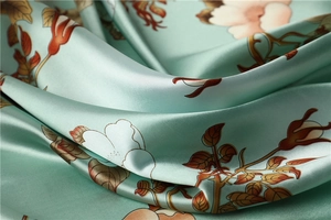 Detail of silk-like fabric with vintage floral print and smooth satin texture in soft green