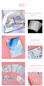 Macro view of blue marble notebook with DIY scrapbooking accessories and magnetic bookmarks