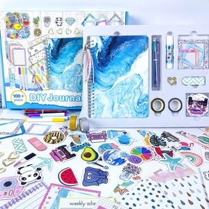 Blue marble DIY journal set with 100+ pieces including stickers, pens and washi tapes