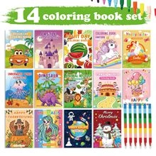 Detailed 14-piece children coloring book set with mermaid and dinosaur themes