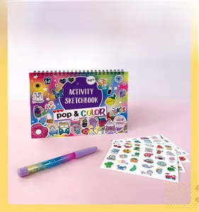 Detailed view of children's coloring book set with stickers and glitter gel pen