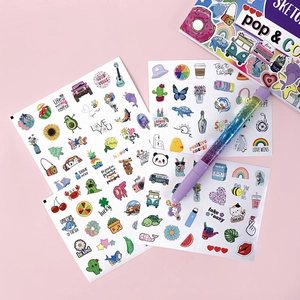 Cartoon animal coloring stickers set with purple glitter pen for DIY journals and kids