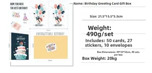 Detailed specs of DIY birthday card set with dimensions and box content list