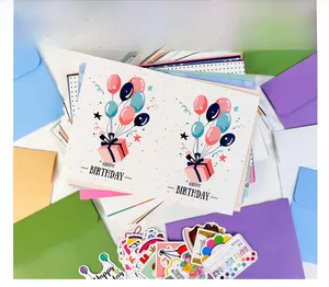 Detail of colorful birthday card set with bright envelopes and decorative stickers