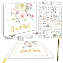 Detailed wedding guest book set with gold foil lettering, floral stickers and gold pen