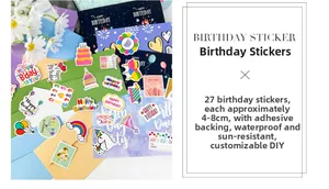 Macro detail of 27 waterproof birthday stickers with colorful patterns for DIY cards