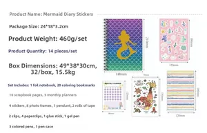 Detailed size specifications for the 14-piece mermaid journal stationery gift set