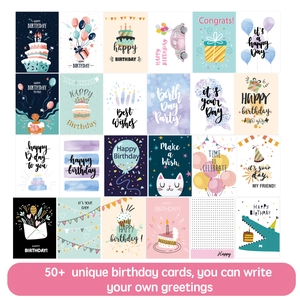 50-piece DIY birthday card set with unique colorful illustrations and matching envelopes