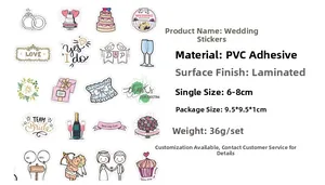 Detailed specs for wedding theme PVC stickers with matte finish and 6-8cm size dimensions