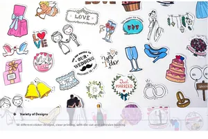 Detailed view of 50 pieces of wedding stickers featuring cake, rings, and romantic icons