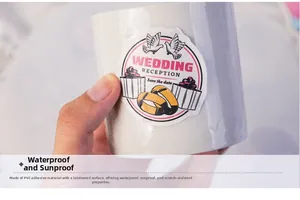 Macro shot of waterproof wedding PVC stickers on a cup showing droplets and durability