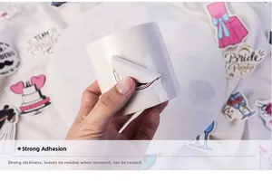 Detail of strong adhesive wedding sticker being peeled off a white cup without residue