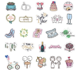 Detailed flat lay of 25 unique wedding sticker designs with romantic motifs and art text