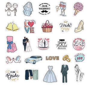 Selection of cartoon wedding stickers featuring bride, groom, and festive elements