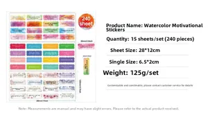 Detailed size and quantity specifications for 240pcs watercolor inspirational stickers