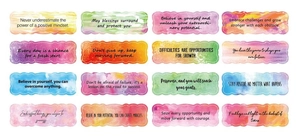 Macro view of 16-piece set of colorful watercolor scalloped edge inspirational stickers