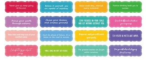 Close-up of colorful watercolor inspirational stickers with motivational English quotes