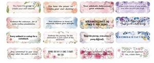 Close-up of watercolor floral motivational stickers with English inspirational quotes