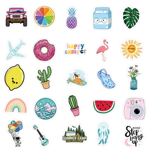Flat lay of 25 colorful summer cartoon stickers featuring flamingo and fruit patterns
