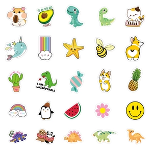 Collection of 25 cute waterproof cartoon stickers with animal and summer fruit designs